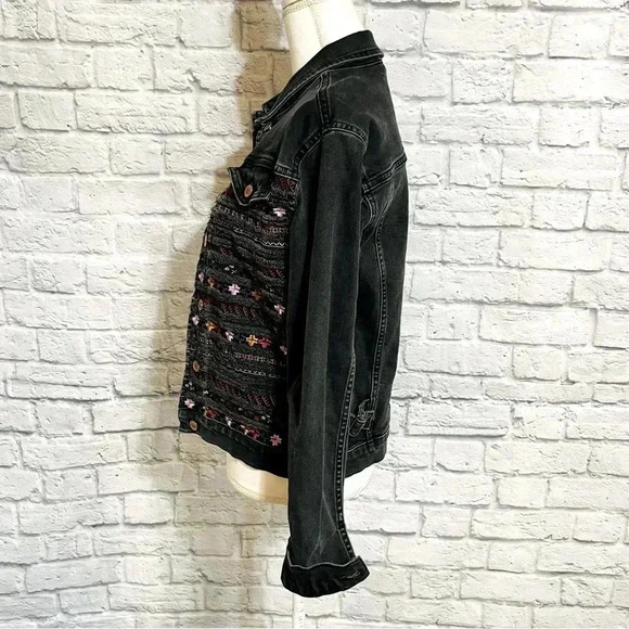 Topshop Embroidered Denim Jacket Jean Jacket Moto Washed Black Rough Edge - Picture 3 of 9